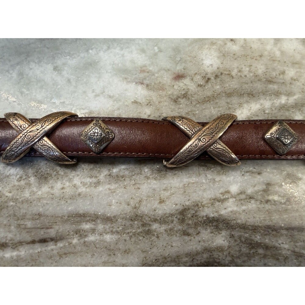 1990s Brighton Womens S Brown Leather Belt Silver XS And Diamond Concho Western - Picture 5 of 15